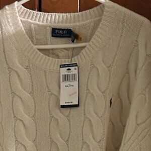 Polo Ralph Lauren Sz XLL Cable Knit  Wool Cashmere Mock Neck White Sweater $186